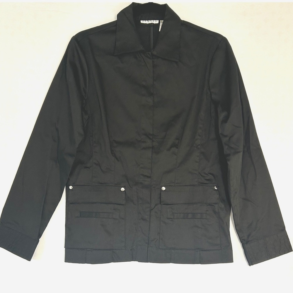 Hannah Womens Small Black Cotton Spandex Utility Flap Pocket Jacket Silver Studs